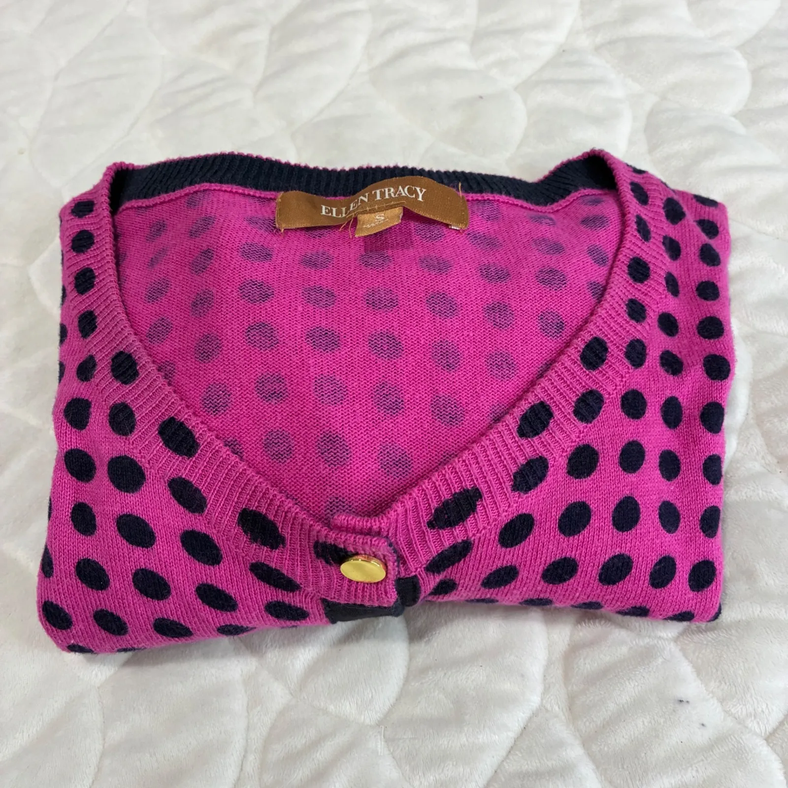 Ellen Tracy Pink & Black Polka Dot Button Cardigan Sweater Womens Size S Career‎ - Image 7