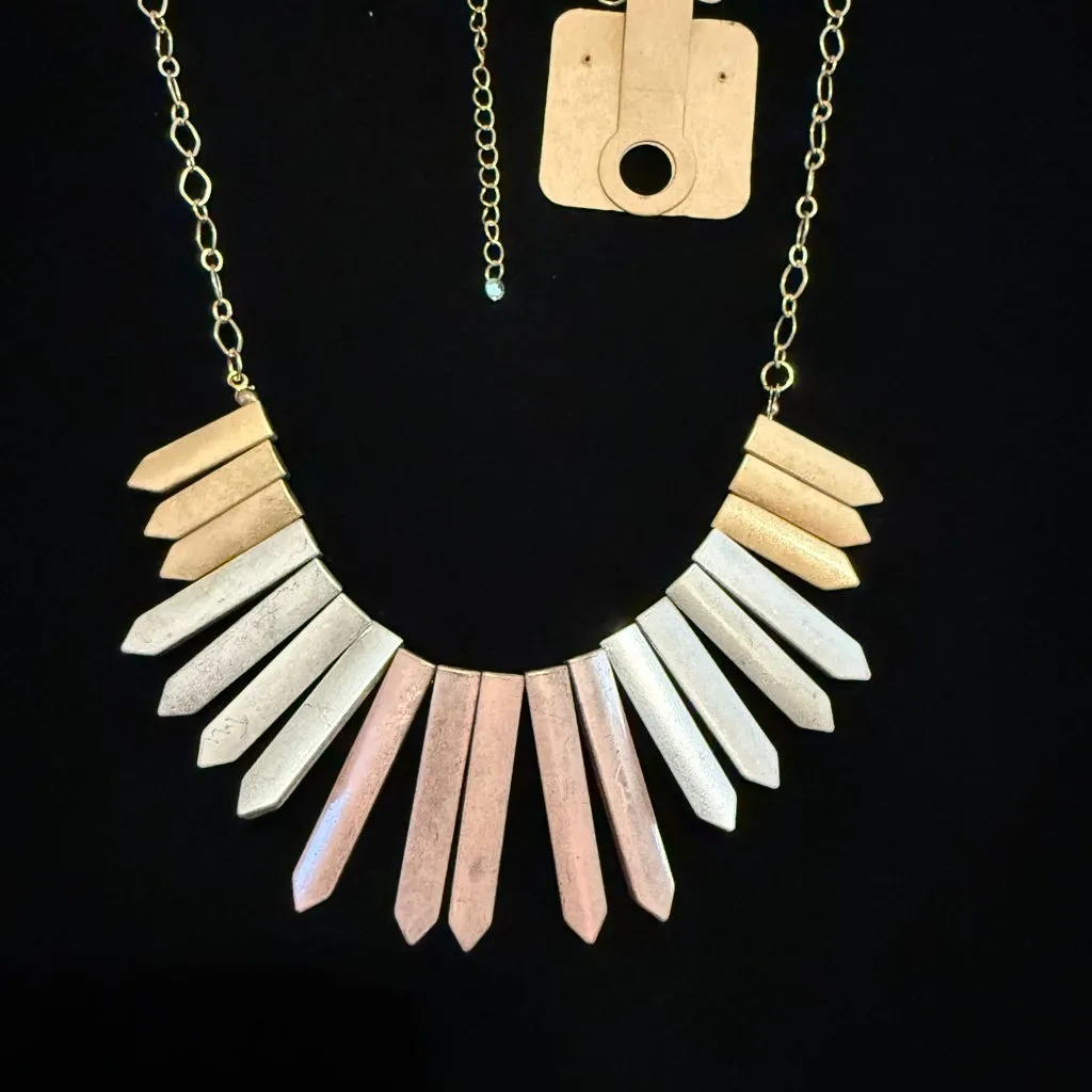 Vintage Mixed Metal Spike Bib Necklace Gold Silver & Rose Gold Geometric Collar - Image 2