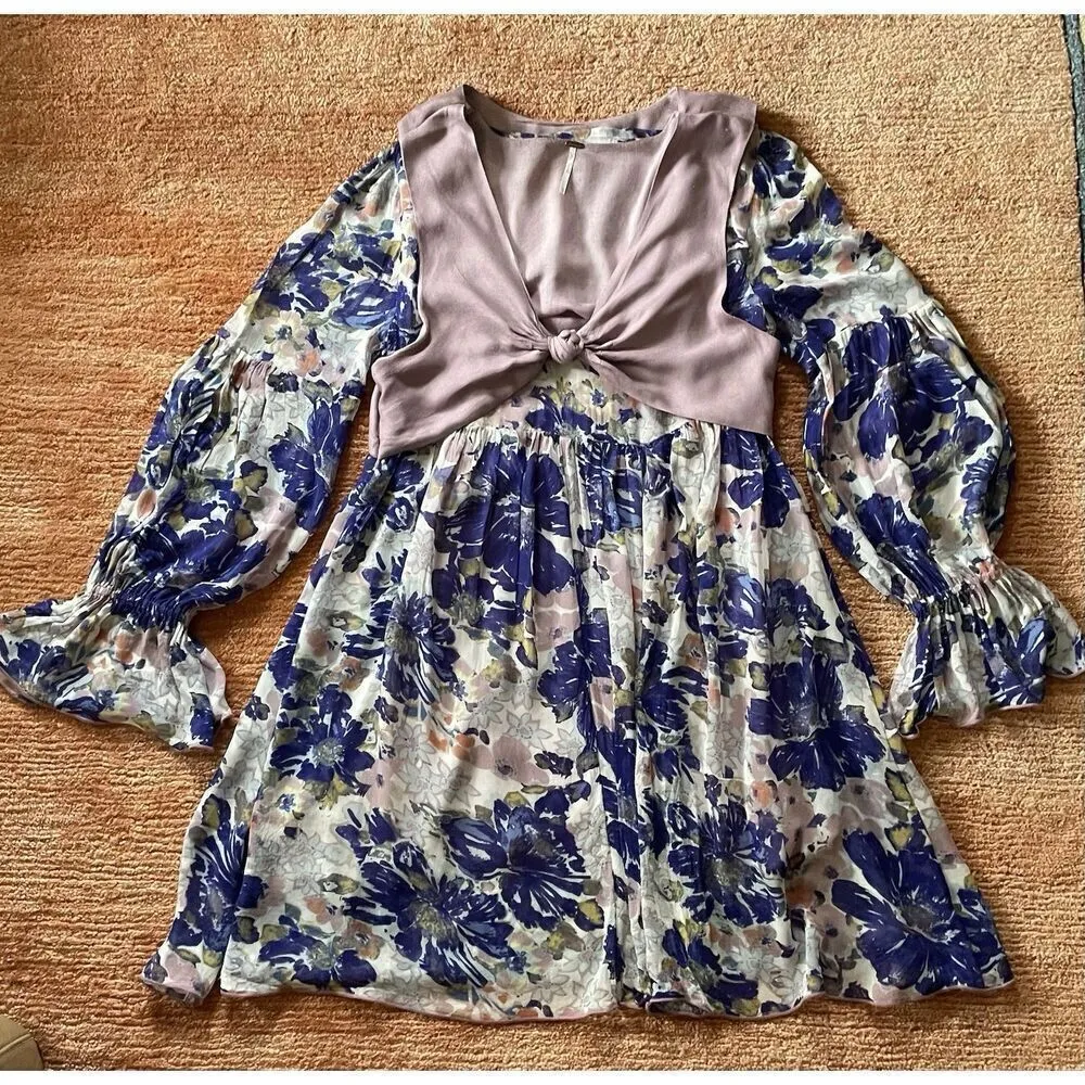 Free People Alice Vested Layered Dress Floral Purple Size SP - Image 2