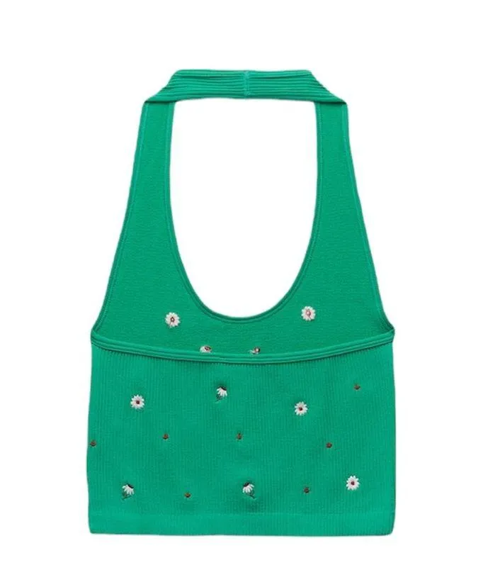 NWT Zara Seamless Halter Neckline Embroidered Crop Top Green XS-S - Image 4