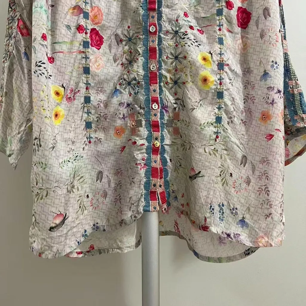 NWOT Johnny Was Biya Embroidered Floral Boho Button-Down Shirt Blouse S Oversize - Image 7