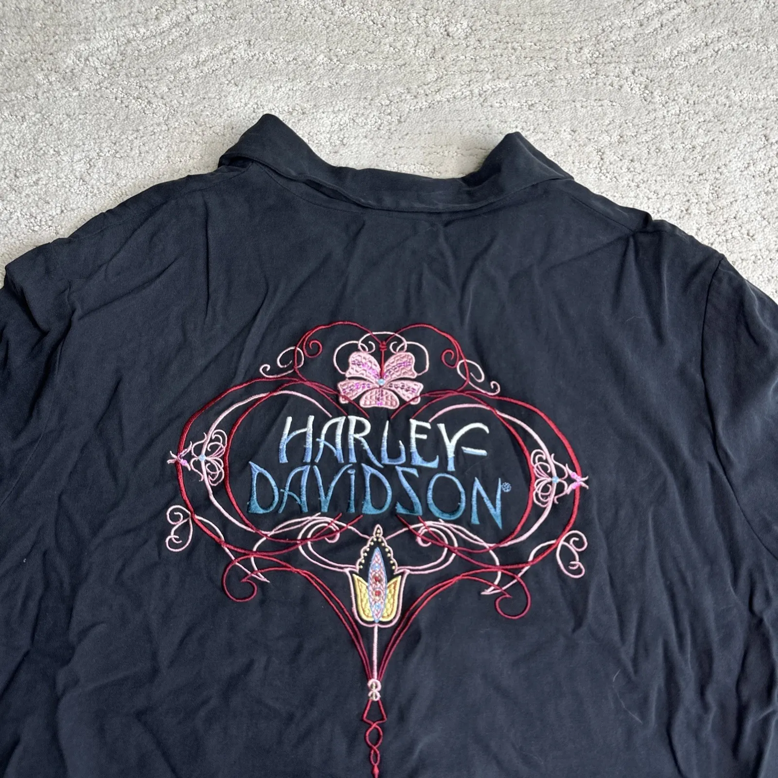 Women's Harley Davidson XL 100% Silk Short Sleeve Button Shirt Embroidered Black - Image 2