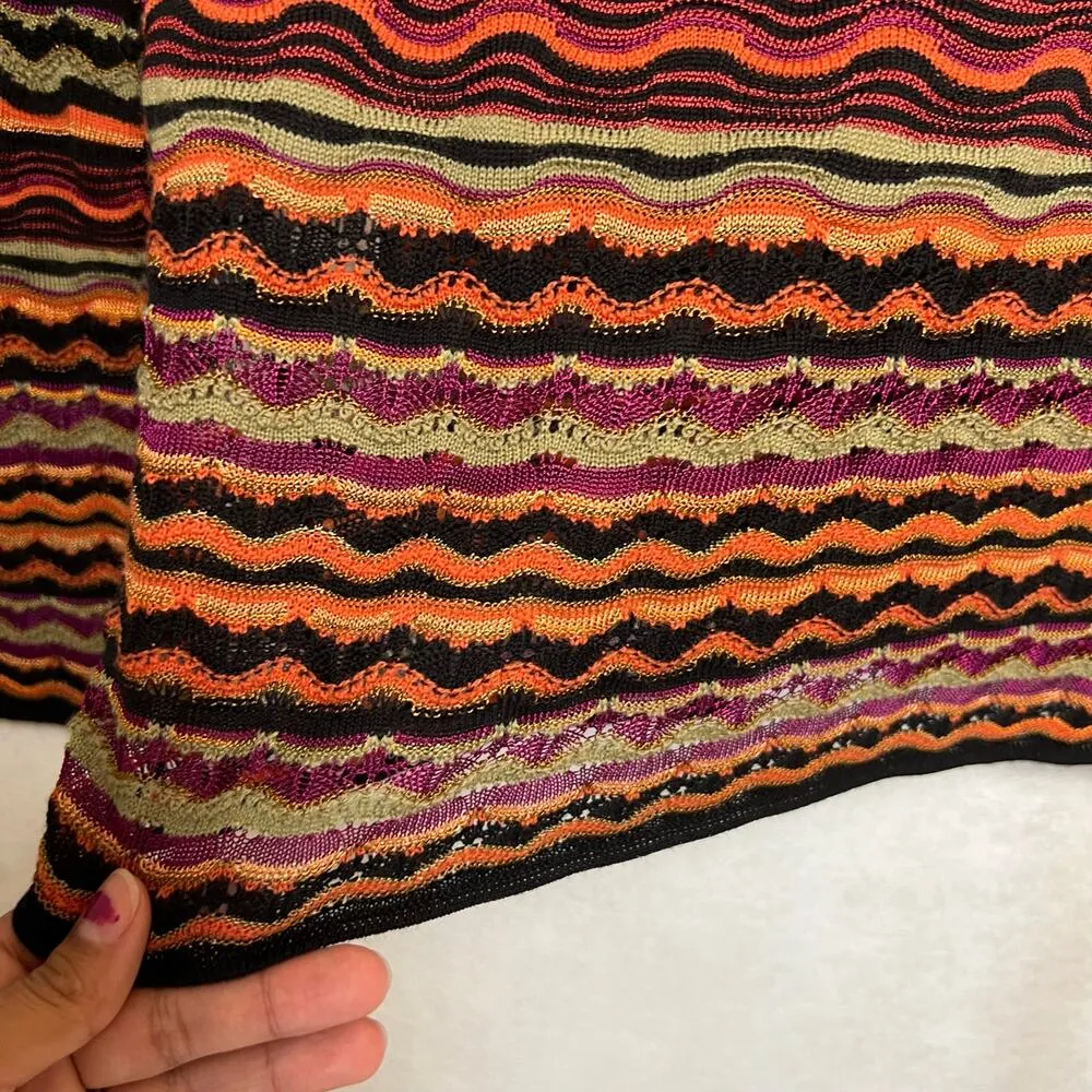 Wavy Chevron Print Open Knit Button Front Cardigan Size 4 Maroon Orange - Image 11