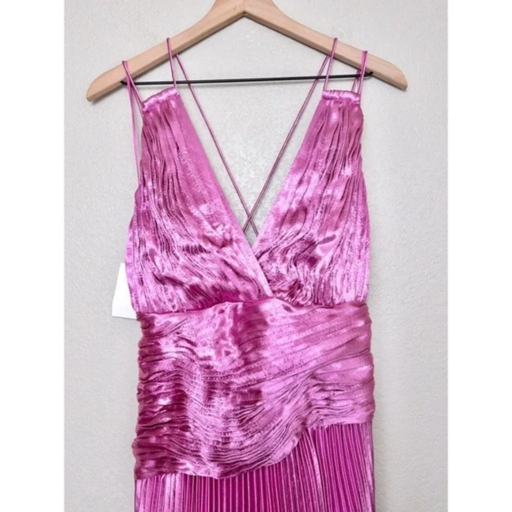NWT AiiFOS Vera Pleated Metallic Gown 8 Pink Magenta Plisse Ruched Slit Formal - Image 7