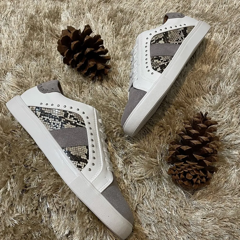 Steve Madden Annita Snake Print Studded Gray Suede Sneakers - Image 11