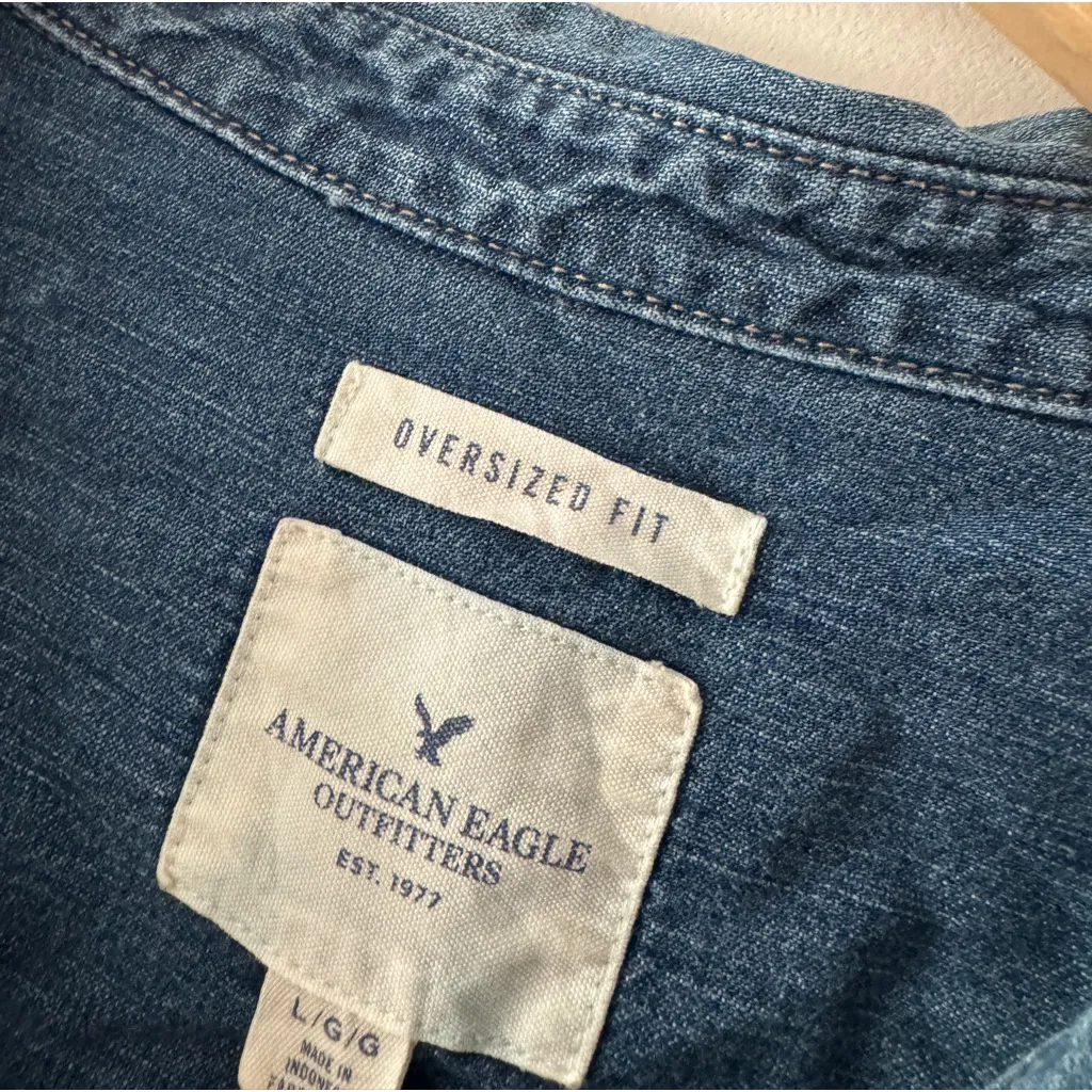 American Eagle Dark Wash Denim Distressed Oversized Fit Button Down Top - Image 6
