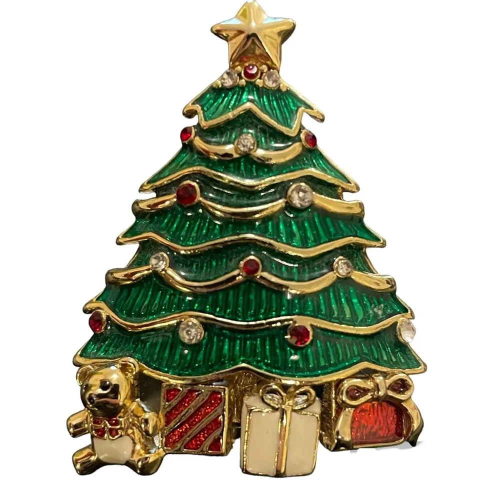 Monet Vintage Brooch Pin Christmas Tree Bear Presents Rhinestone Gold Tone EUC - Image 2