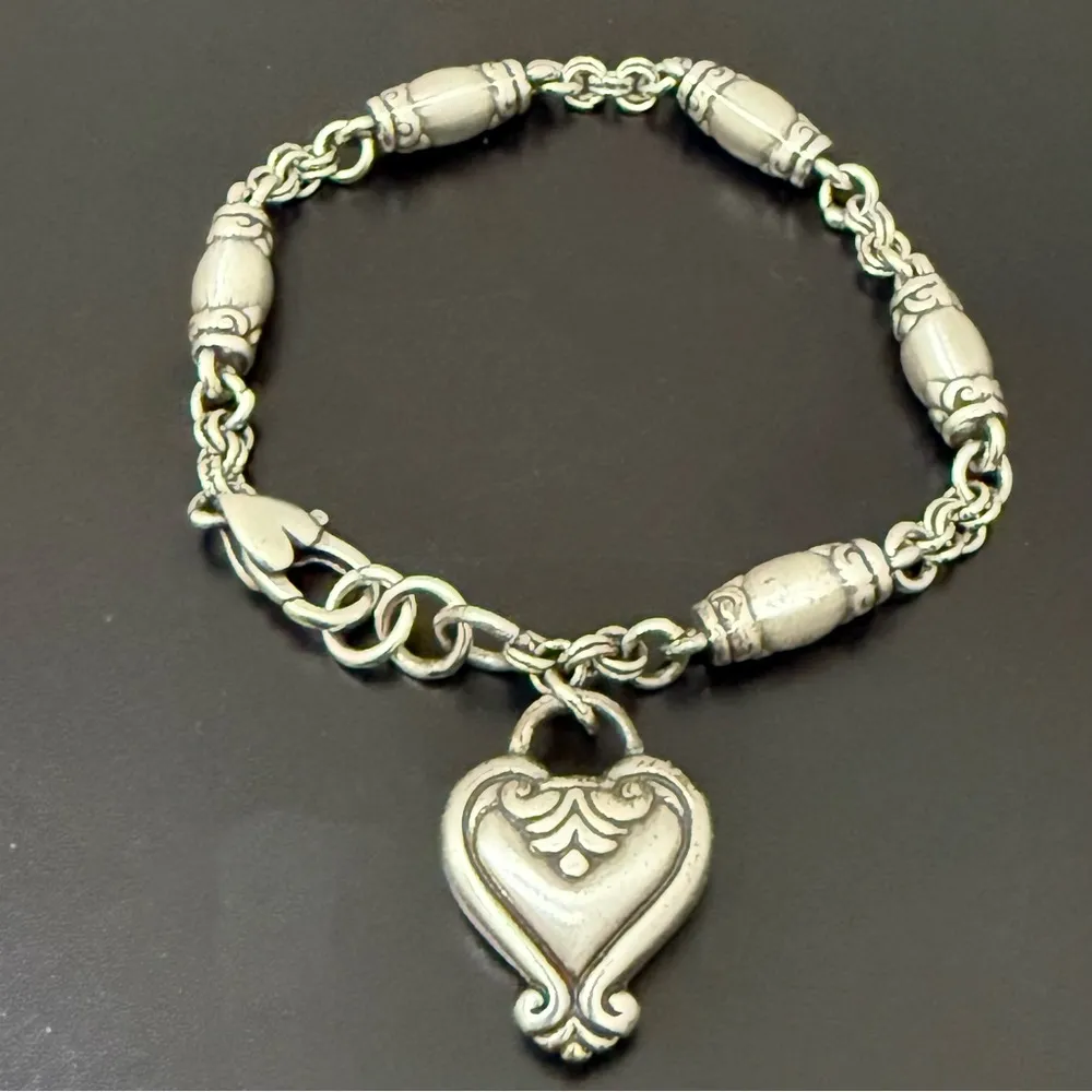 Retired BRIGHTON Blair Heart Barrel Link Chain Silverplated Heart Charm Bracelet - Image 8