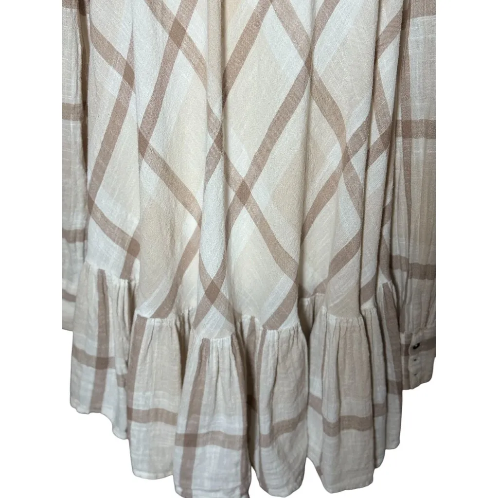 FREE PEOPLE Womens Peppy Plaid M Tunic Shirt White Brown Button Up Back Ruffle - Image 6