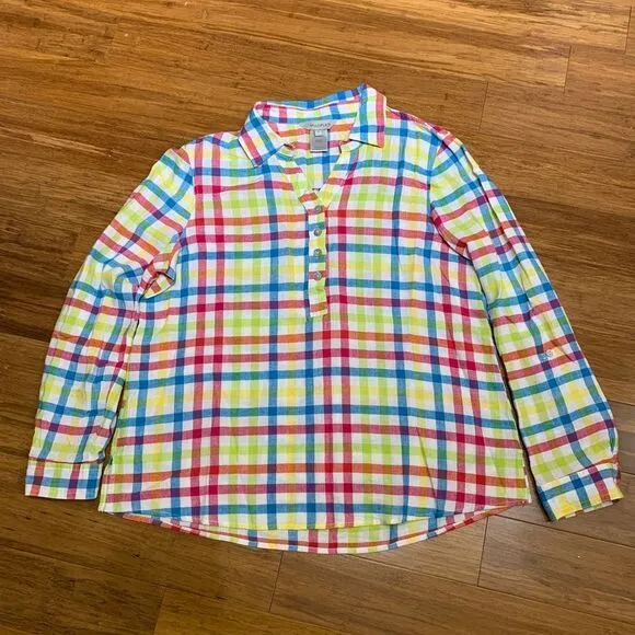 Multiples Top Womens Small Rainbow Plaid Linen Blend Button Up Shirt Long Sleeve - Image 1