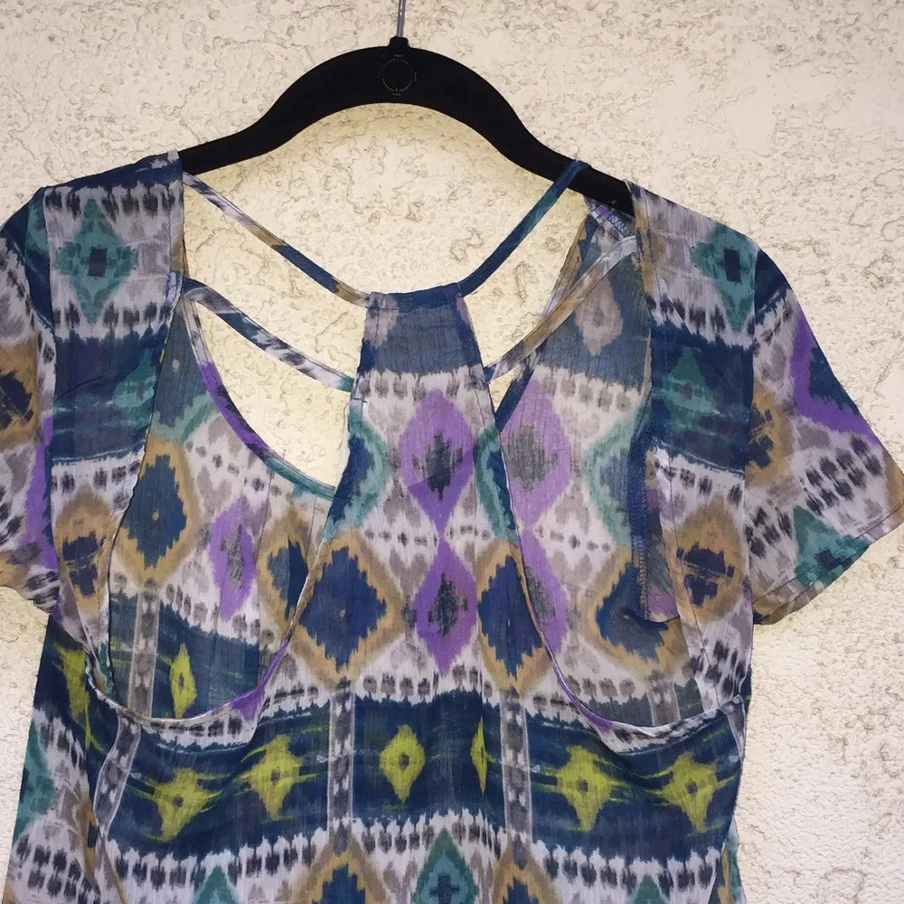 Nine Bird womens small sheer short sleeve geometric blue and purple blouse top - Image 2
