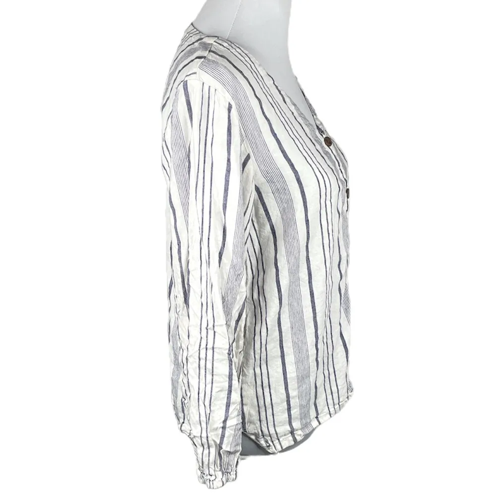 Loft Linen Striped Button Down Blouse, Blue, White, Medium - Image 3
