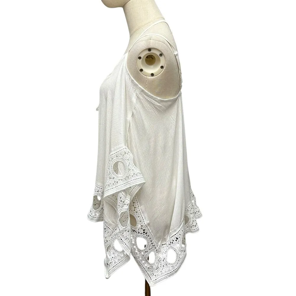 RAGA ANTHROPOLOGIE Small White Rayon Lace Trim Santa Clarita Boxy Flowy Boho Top - Image 2