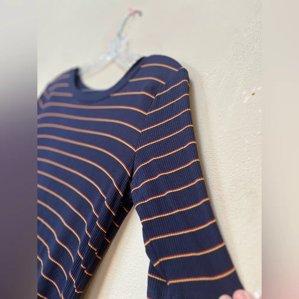 Old Navy Women’s Rib Knit Navy Blue Yellow Striped 3/4 Sleeve Mini Dress Medium - Image 6