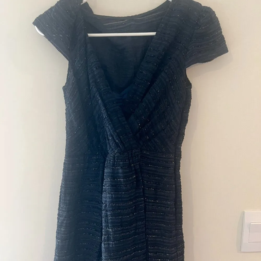 Milly of New York Allison Black/Navy Blue Metallic Jacquard Wrap Dress size 0 Black - Image 7