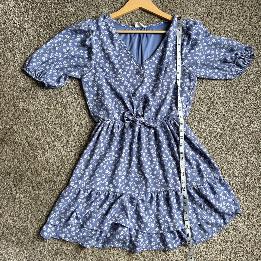 🦋 Sienna Sky Blue White Floral Puff Sleeve Mini Dress Casual Cottagecore Small - Image 6