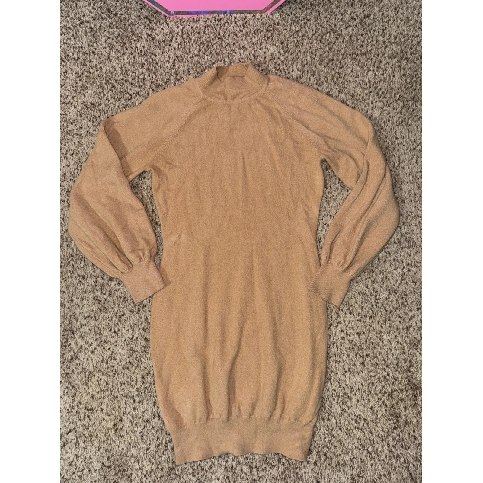 EXLURA Mock Neck Long Sleeve Ribbed Knit Sweater Dress Tan Size XL - Image 2