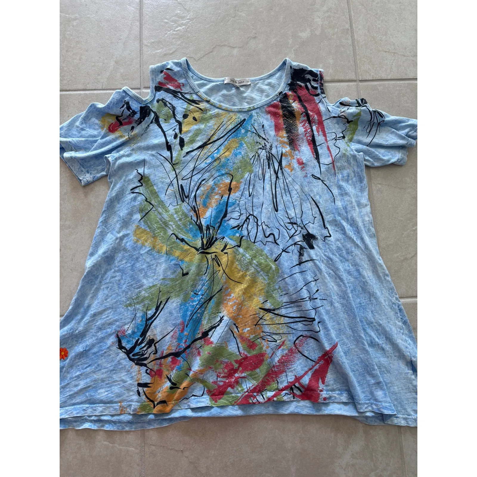 Jess &‎ Jane Shirt Womens Large Blue Open Shoulder Abstract Artsy Colorful Fun - Image 3