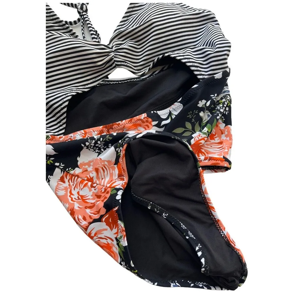 Cupshe Swimsuit Womens M Striped Floral One Piece Contrast Halter Cut Out Black - Image 8