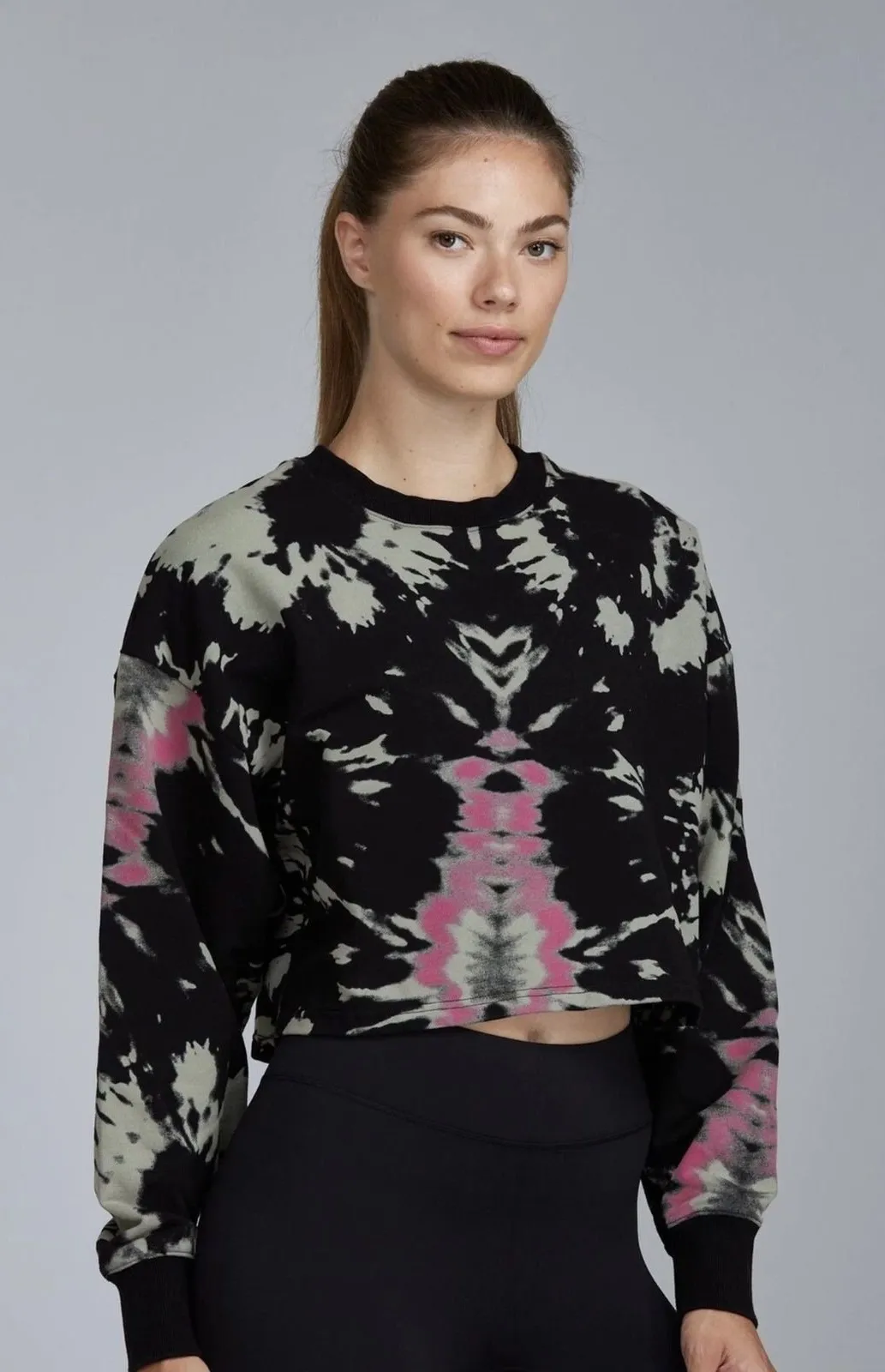 Noli Tie Dye Cropped Sweatshirt Black Pink Gray Crew Neck Cotton XS Pullover - Image 1