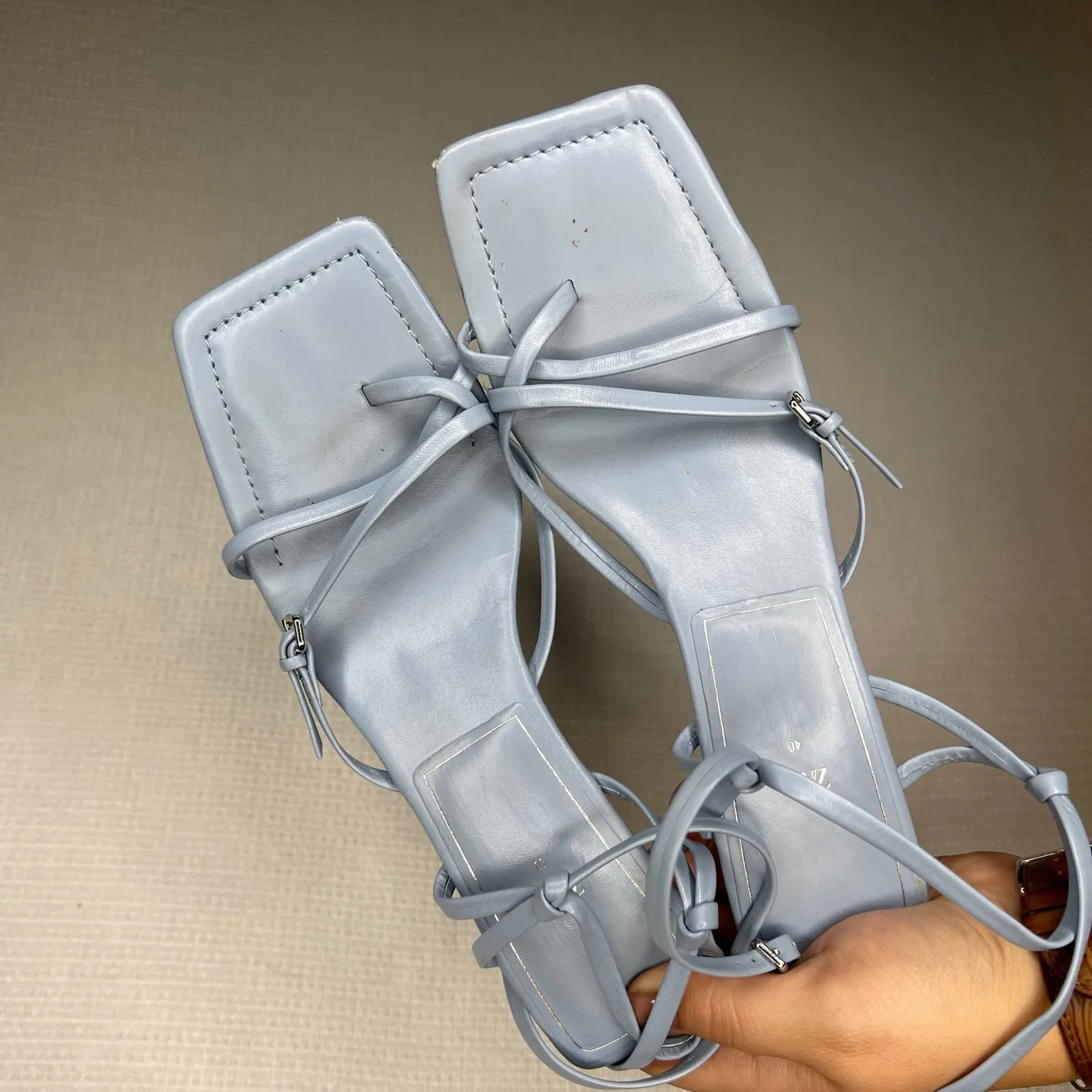 Zara Size 40 or 9 Blue Square Toe Heeled Sandal Ankle Wrap Strappy Heels Size 40 - Image 3