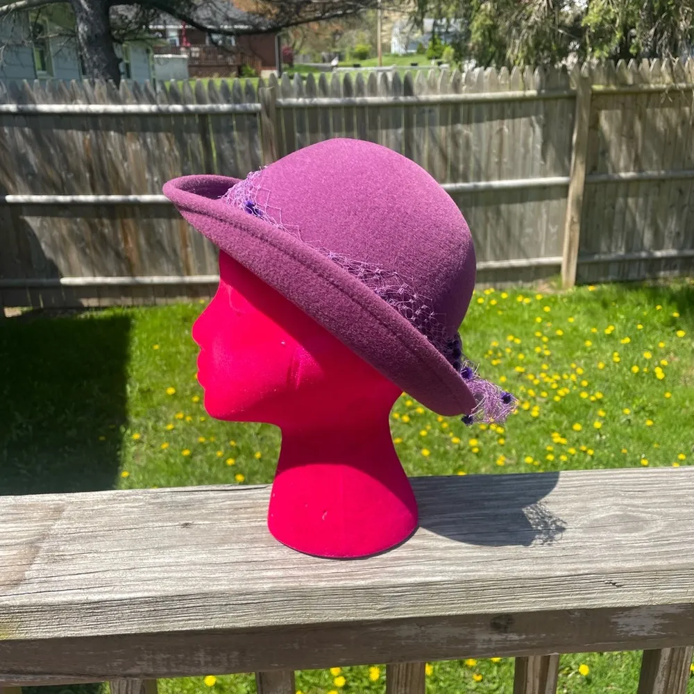 Vintage Felted Wool Bowler Hat With Hat Pin Eggplant Purple - Image 4