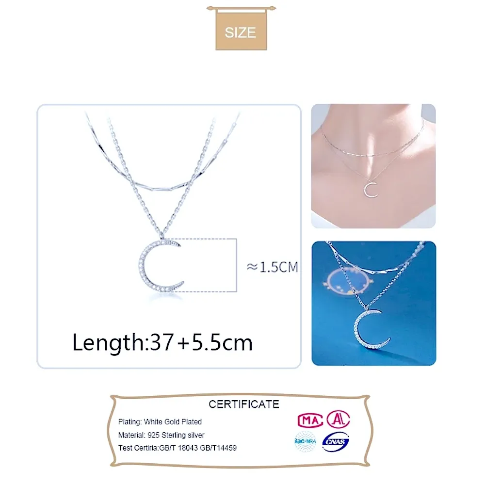 Sparkly Multilayer Moon Necklace, 16-18”‎ | White Gold Over 925 Sterling Silver - Image 12