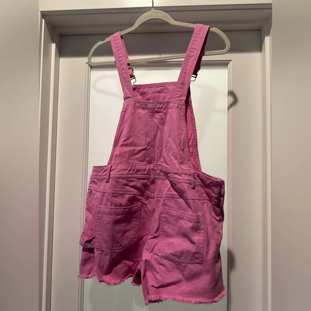 & MERCI Pink Denim Overalls Size M 100% Cotton Barbiecore Summer Trendy Raw Hem - Image 6