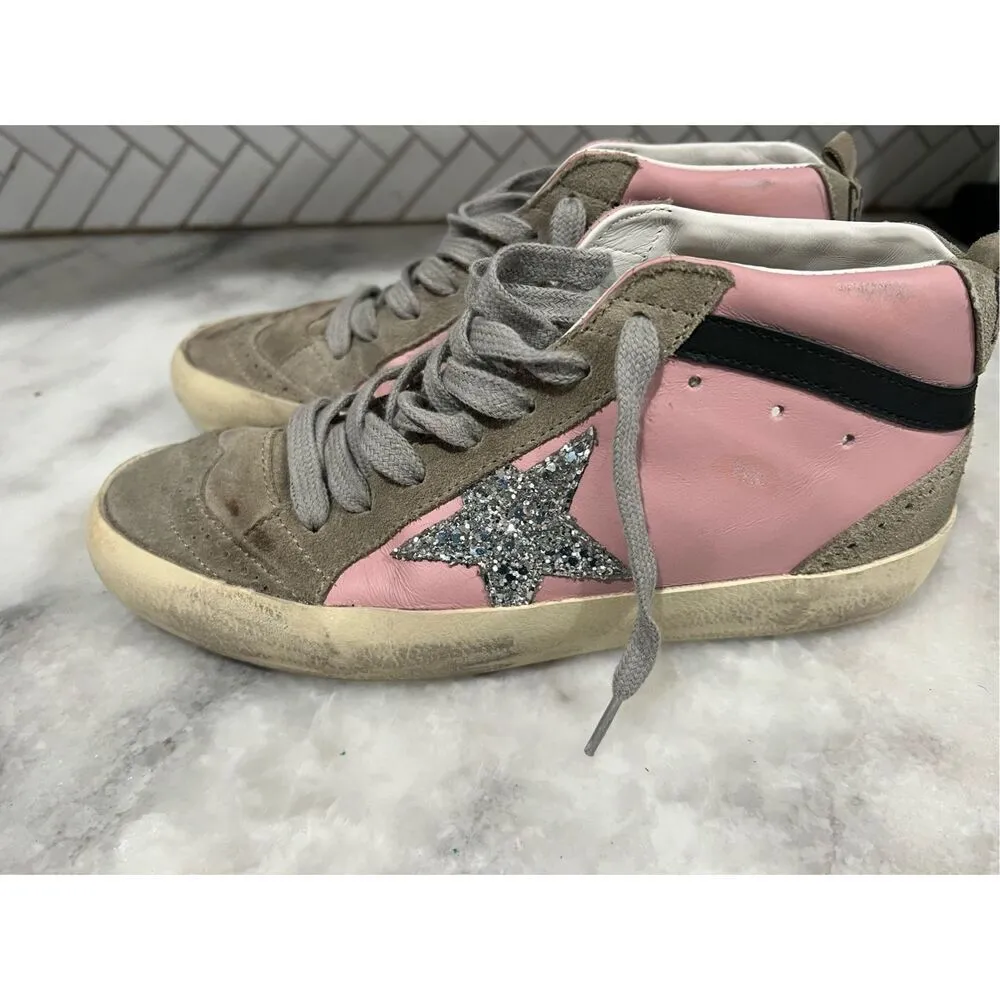 Golden Goose WM Mid Star LTD in pink leather w glitter star & black flash SZ 36 - Image 4