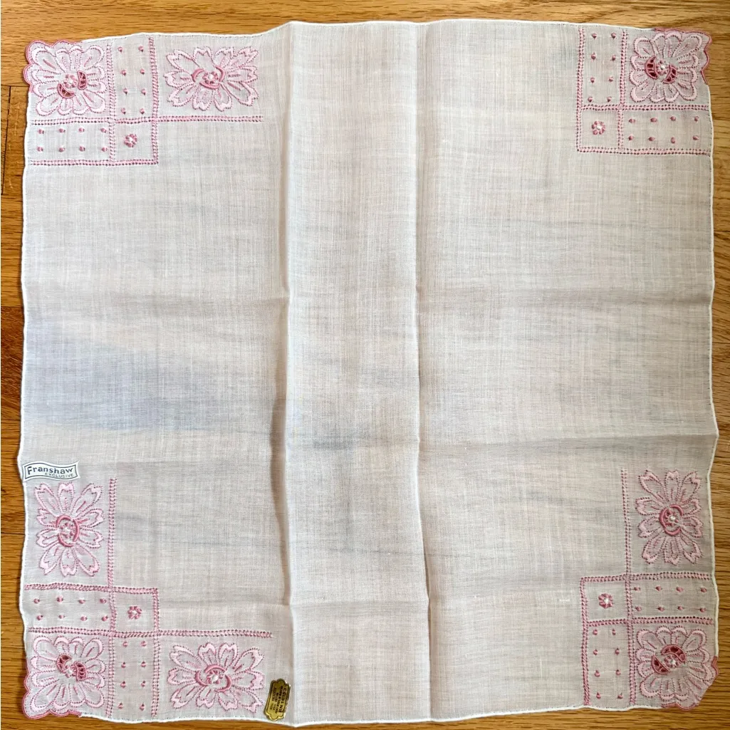 Vintage‎ Embroidered Floral Handkerchief Pink - Image 5