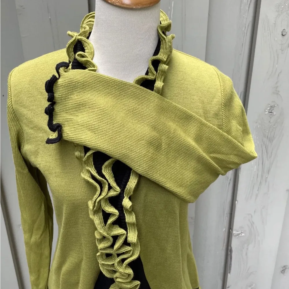 Angel ll Ruffled Olive & Black Wool Blend Sweater Cardigan Karlon Design - Image 6