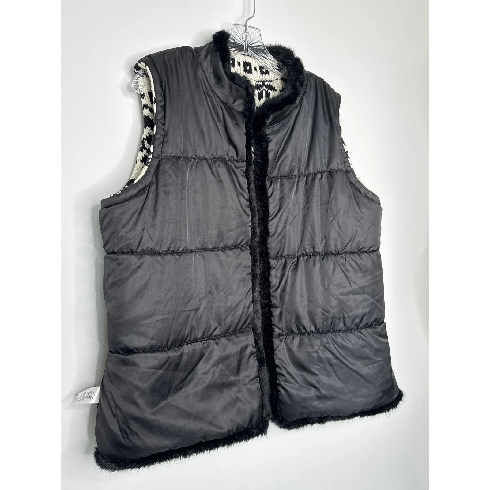 NWT Talbots Black White Knit Faux Fur Trim open front Vest fair Isle 2X - Image 8