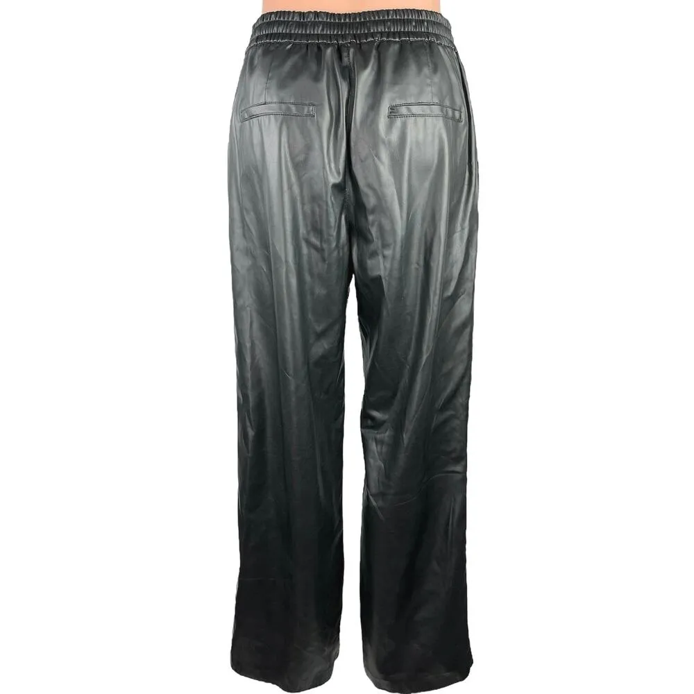 Zara Black Faux Leather Vegan Elastic Waist High Rise Stretch Wide Leg Pants M - Image 3