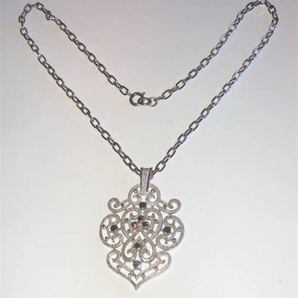 Trifari Crown Silver Tone Vintage Cutout Pendant Boho Statement Necklace - Image 2