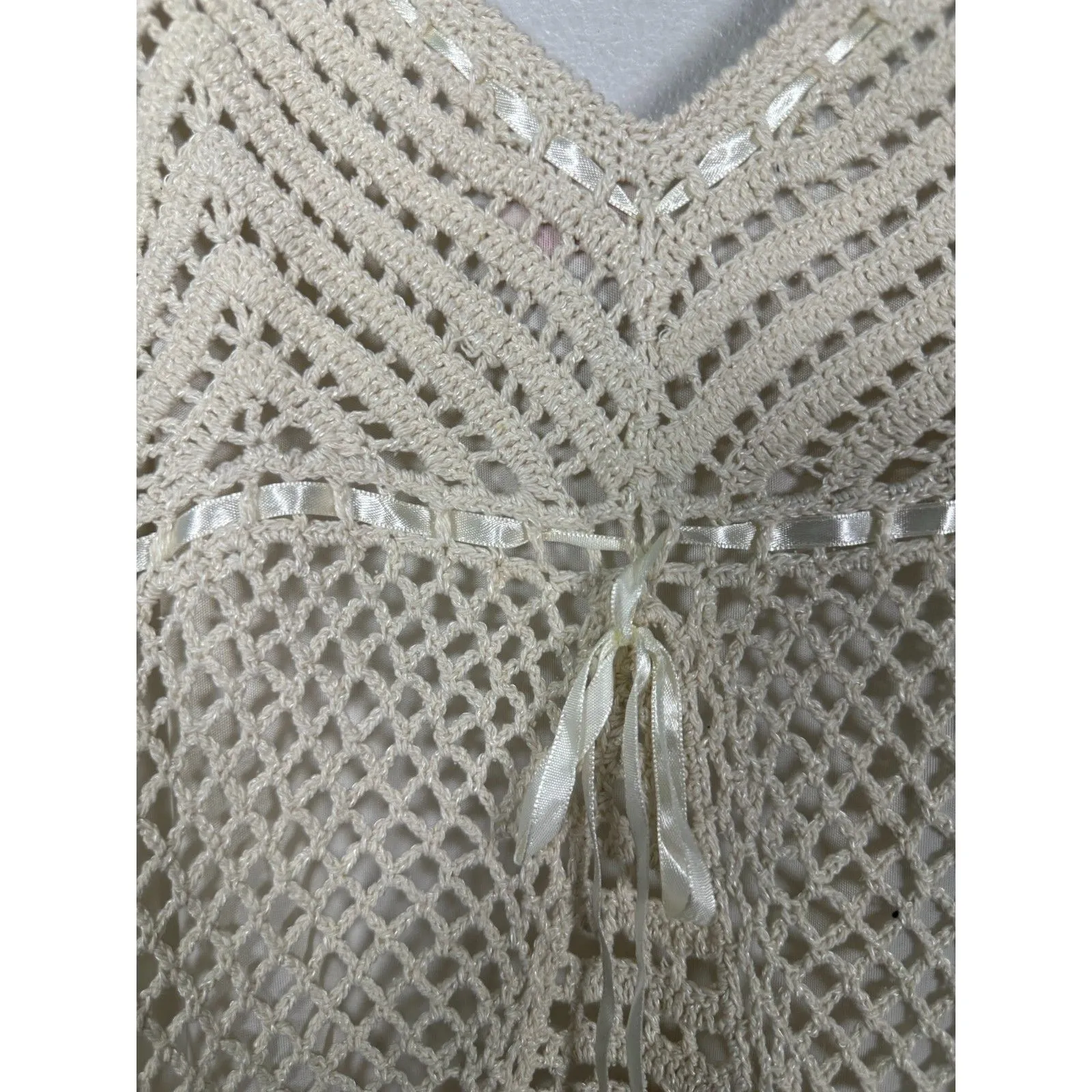 Vintage Y2K Cream Silk Blend Crochet Tie Bust Babydoll Tank Size Medium 8 - 10 - Image 2