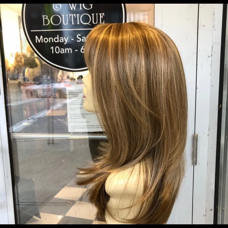 Blonde bangs skin top layers wig medium length - Image 2