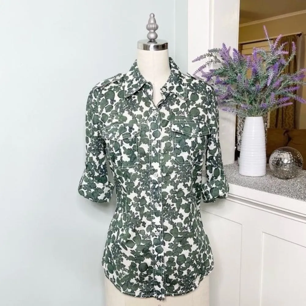 Tory Burch Issy Vine Leaf Print Button Down Shirt Utility Roll Tab 2 XS - Image 2