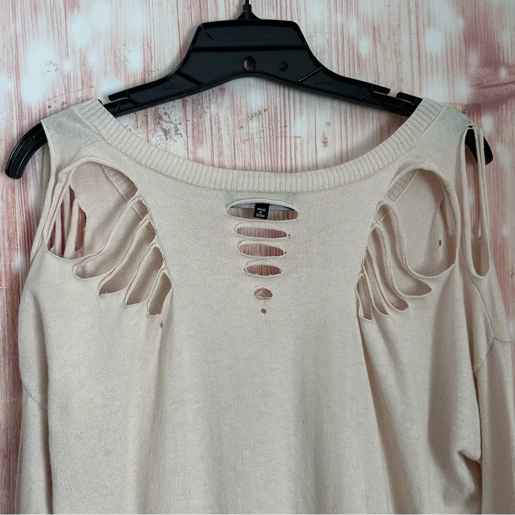 Central Park West Revolve Distressed Ripped V-neck Sweater Cream XS - Image 13