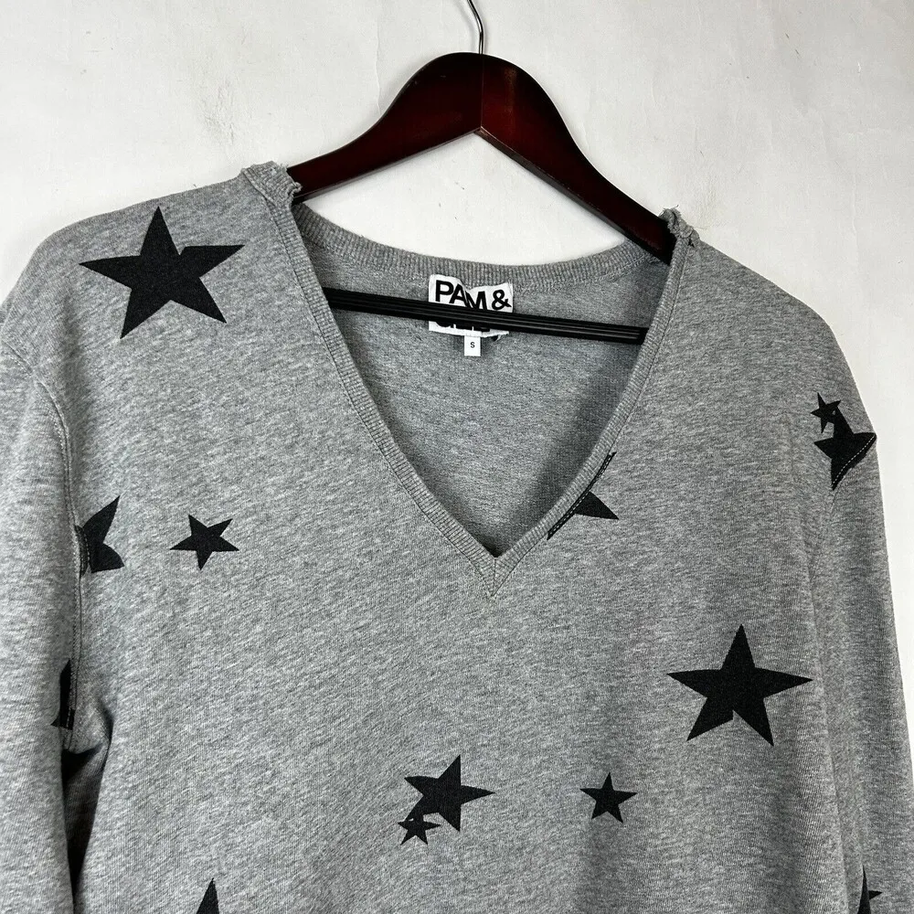 Pam & Gela size small gray Pullover Sweater V-neck Relaxed Fit Distressed Trim - Image 2