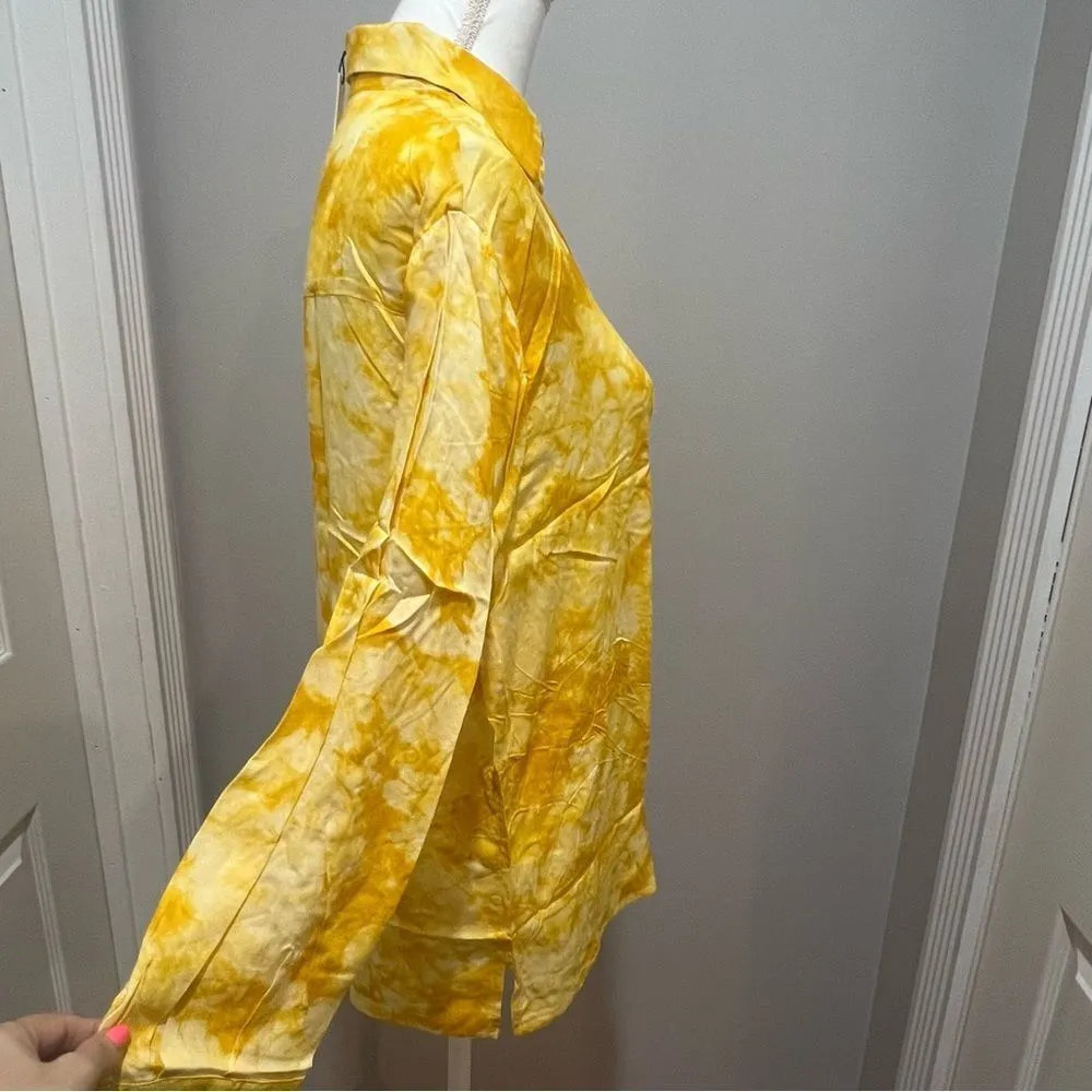 NWT Caara yellow and white tie dye Marble button down blouse women's size xxs Yellow - Image 9