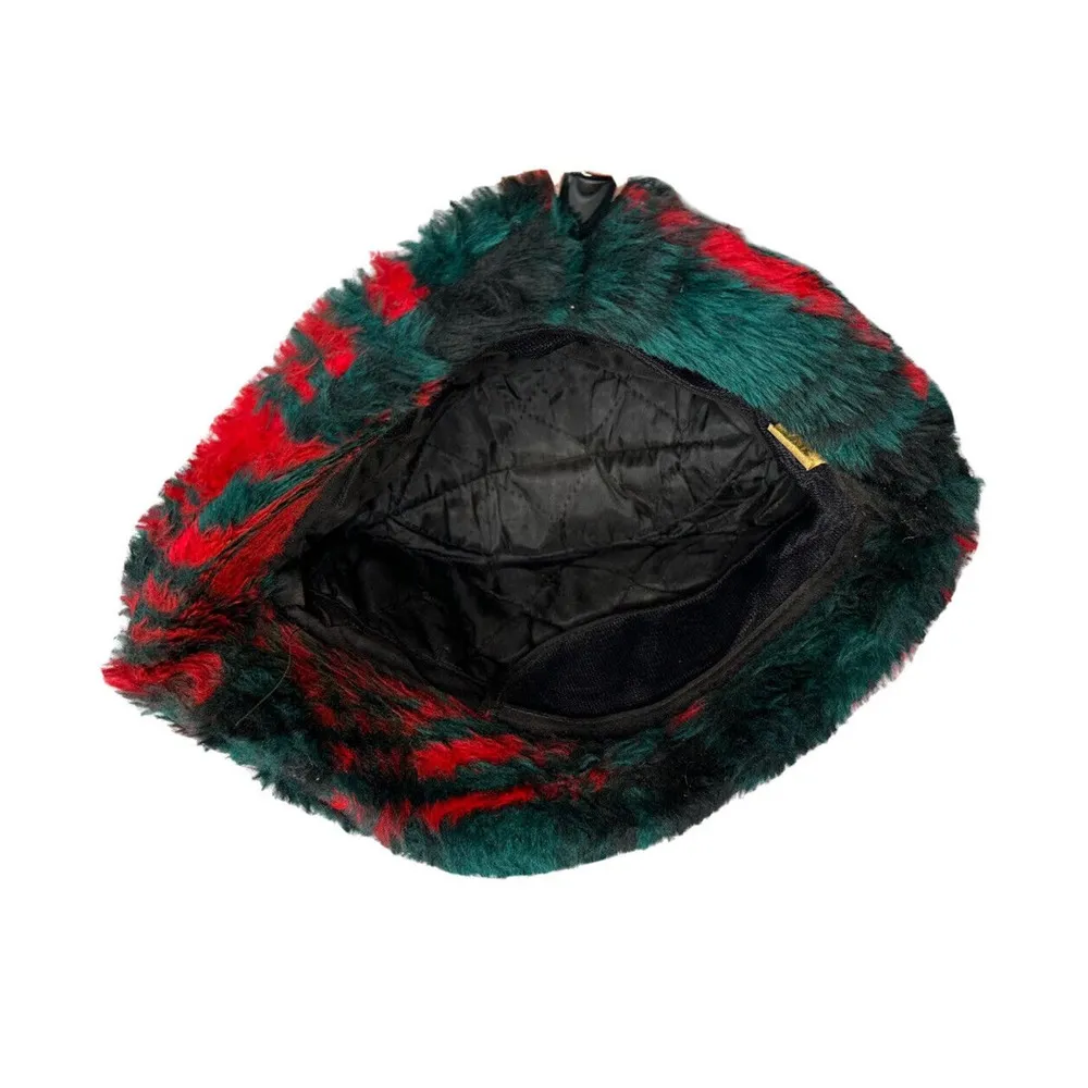 Vintage Red Green Black Tartan Plaid Faux Fur Fedora Hat Size M 1960s 1970s - Image 7