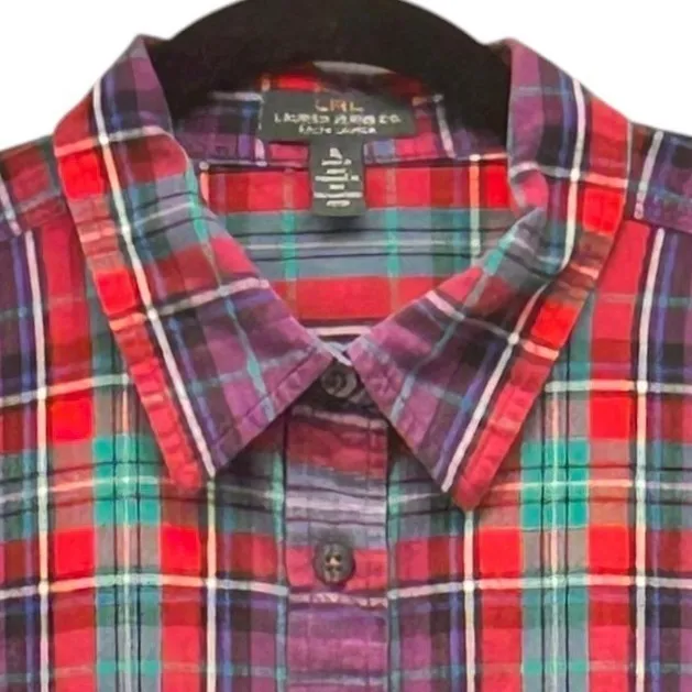 Lauren Ralph‎ Lauren Tartan Button Up Top Purple Red XL - Image 3
