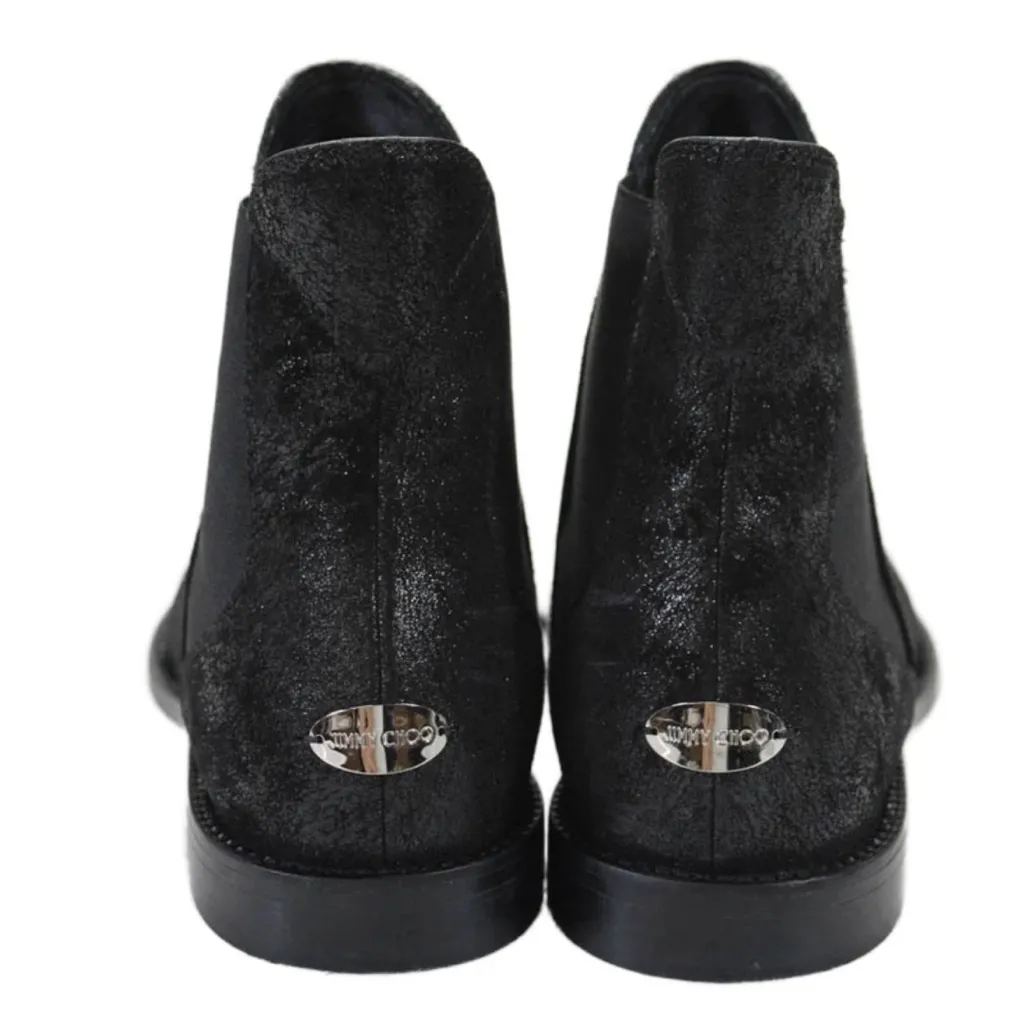 Jimmy Choo Merril Wet Look‎ Ankle Flat Boots Crystal Welt Black Suede 37.5 - Image 3