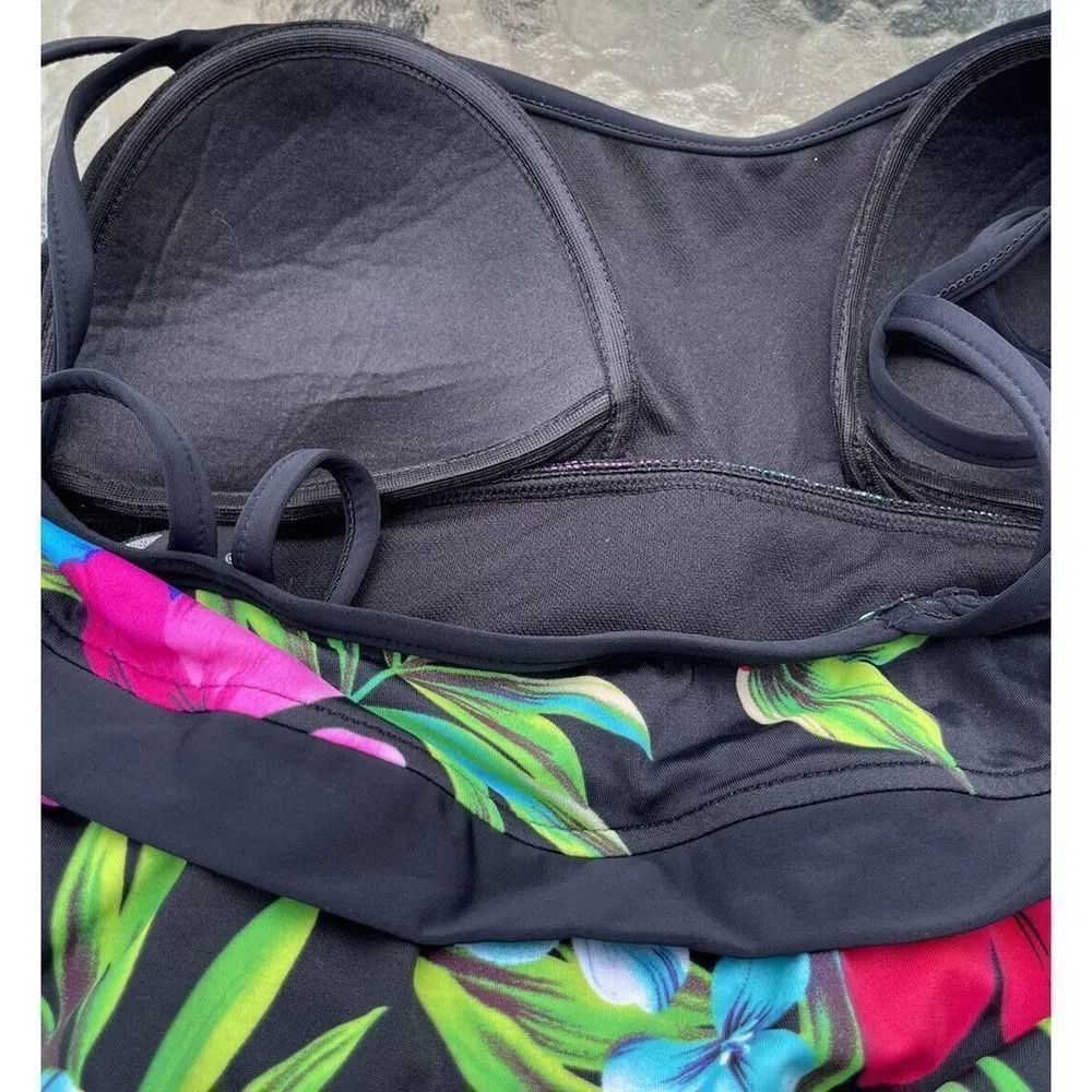 Mainstream Tropical Floral Print One Piece Skirted Swim Suit Swim Dress Size 16 - Image 9