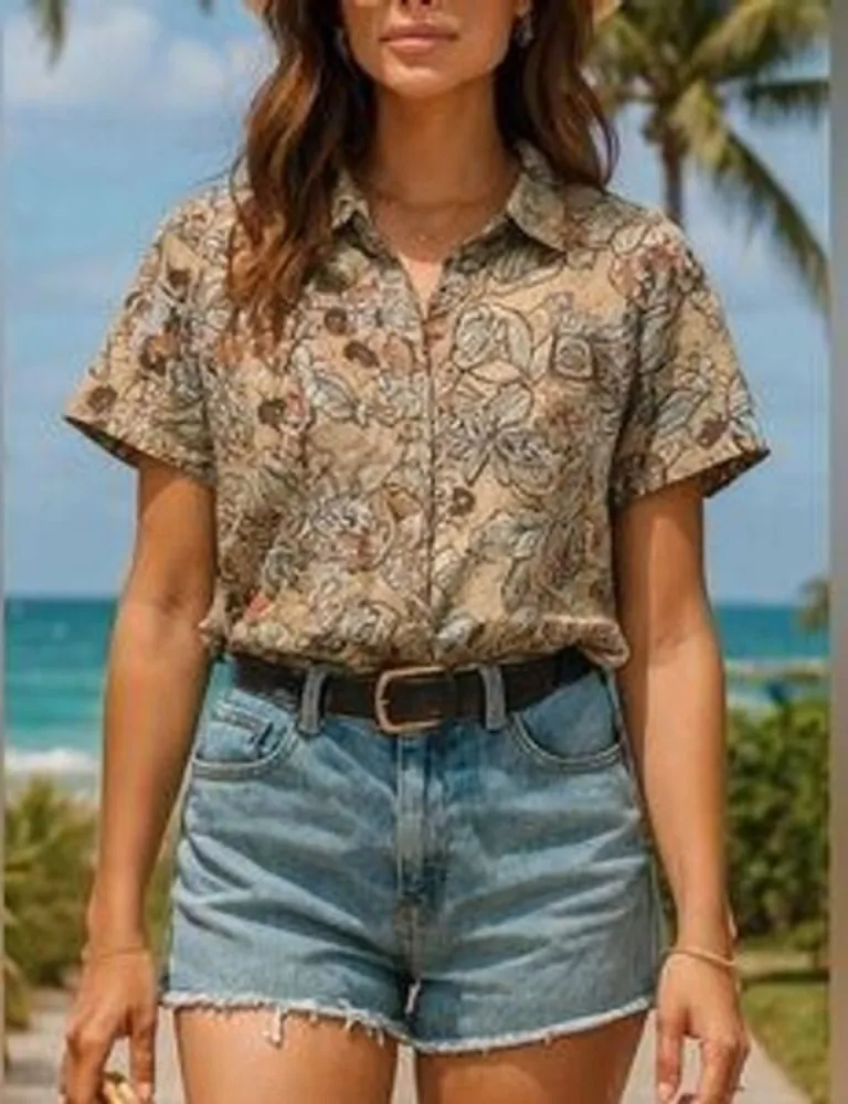 Roamans Womens Tan Cotton Floral Short Sleeve Button Shirt sz 22 Beachy Vacation Brown - Image 2