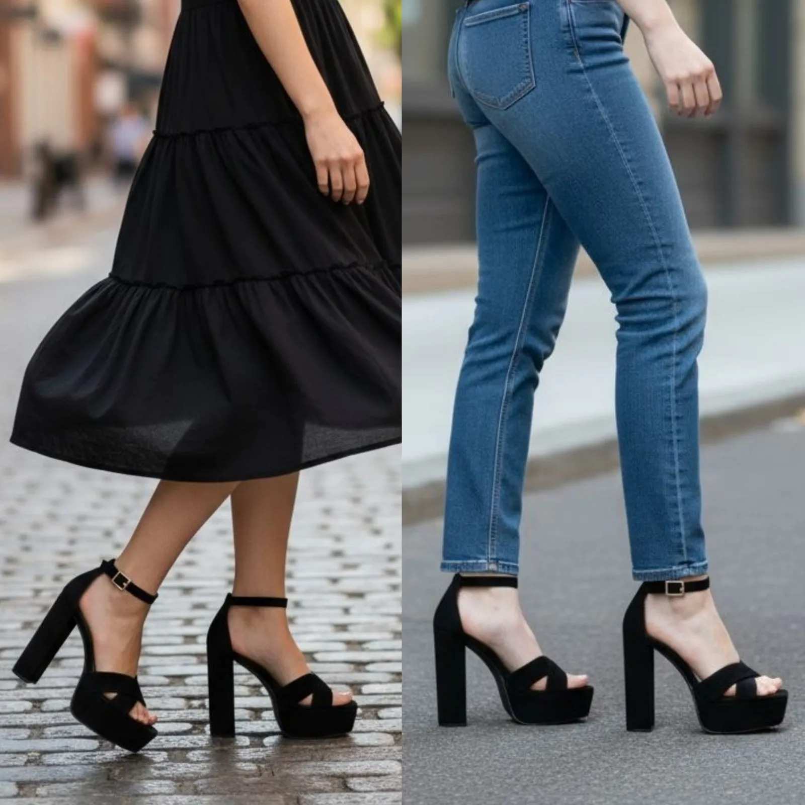 Good American Platform Block Heel Black Suede Ankle Strap Chunky Sandal 10.5 NEW - Image 2