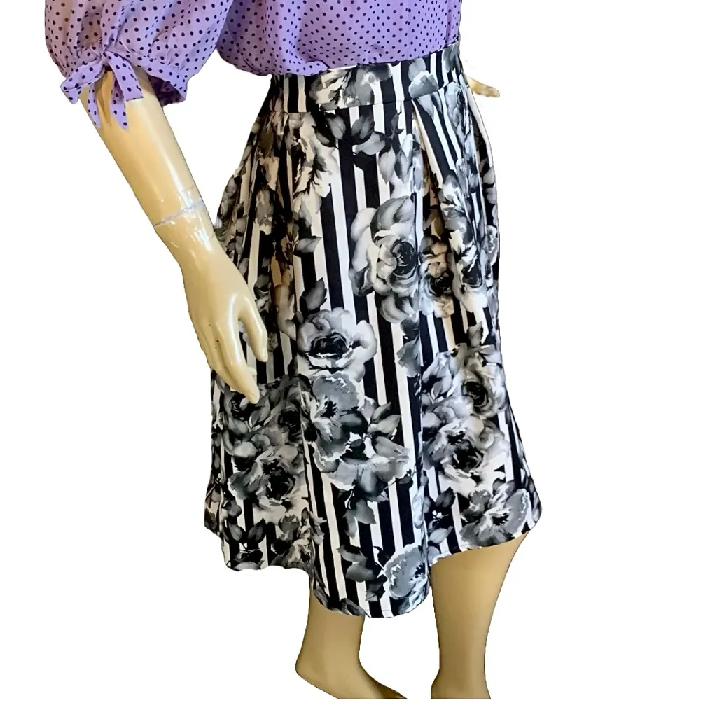 CITY CHIC BLACK, GRAY & WHITE FLORAL AND STRIPED PRINT FULL SKATER SKIRT (20) - Image 6