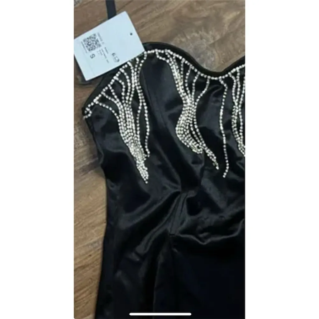 Forever 21 Black Rhinestone Fringe Strapless Bodycon Mini Dress S - Image 2