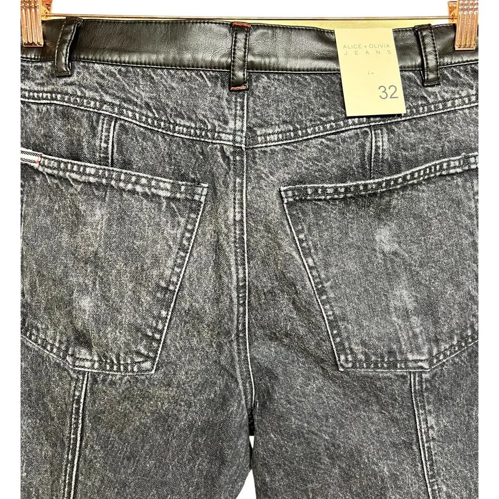 Alice + Olivia Jenny Faux Leather-Trimmed Mid-Rise Tapered Jeans Black Size 32 - Image 3