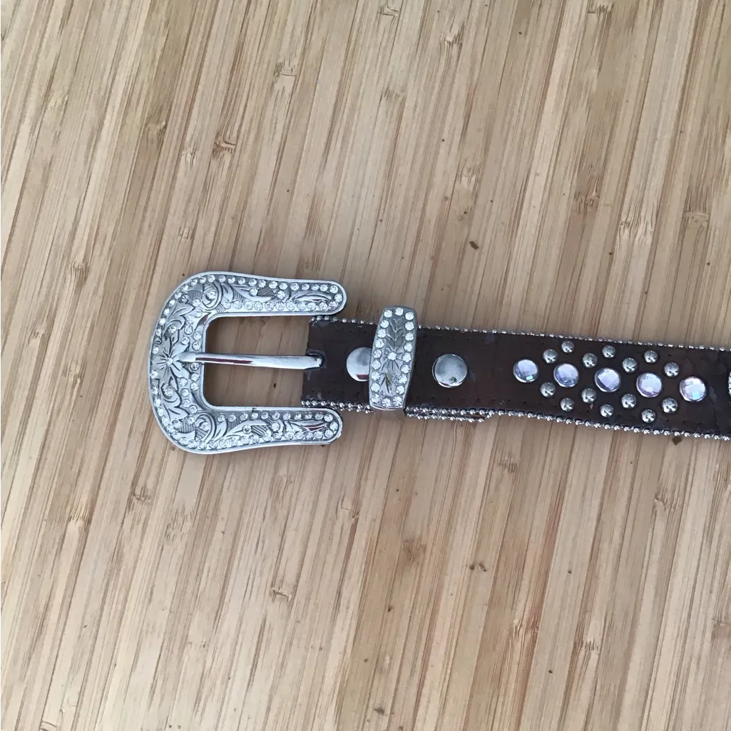 Pleather Belt Women’s Studded Rhinestones Heart Brown Size 28 VTG - Image 2